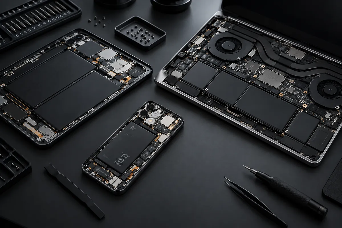 Phone parts laid out on our repair bench