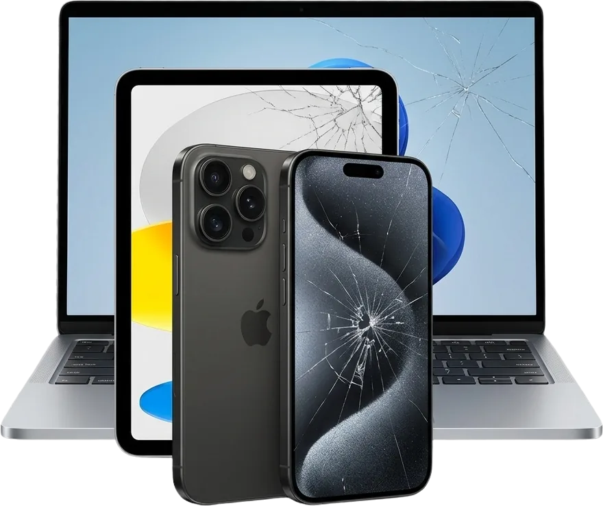 A phone, tablet and laptop with cracked screens, ready for repair