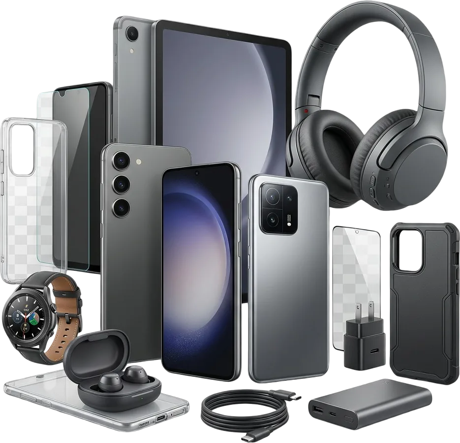 Phones, cases, screen protectors, earbuds and chargers